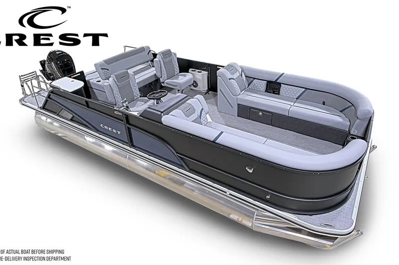 Slide: The Image of 2026 Crest Conquest 230 SLSC pontoon boat with luxurious seating and sleek design. - 2