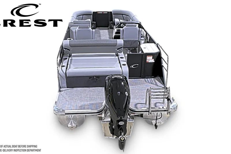 Slide: The Image of 2026 Crest Conquest 230 SLSC pontoon boat, rear view, showcasing spacious seating and modern design. - 3
