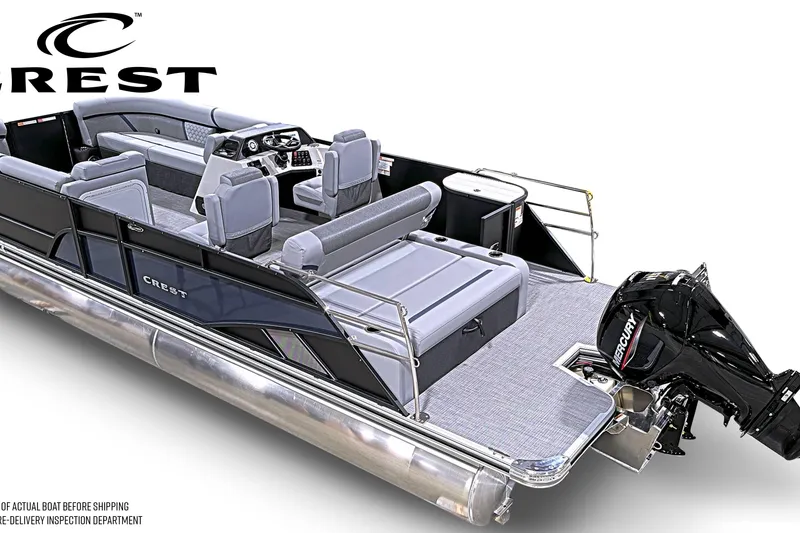Slide: The Image of 2026 Crest Conquest 230 SLSC pontoon boat with spacious seating and Mercury outboard motor. - 4