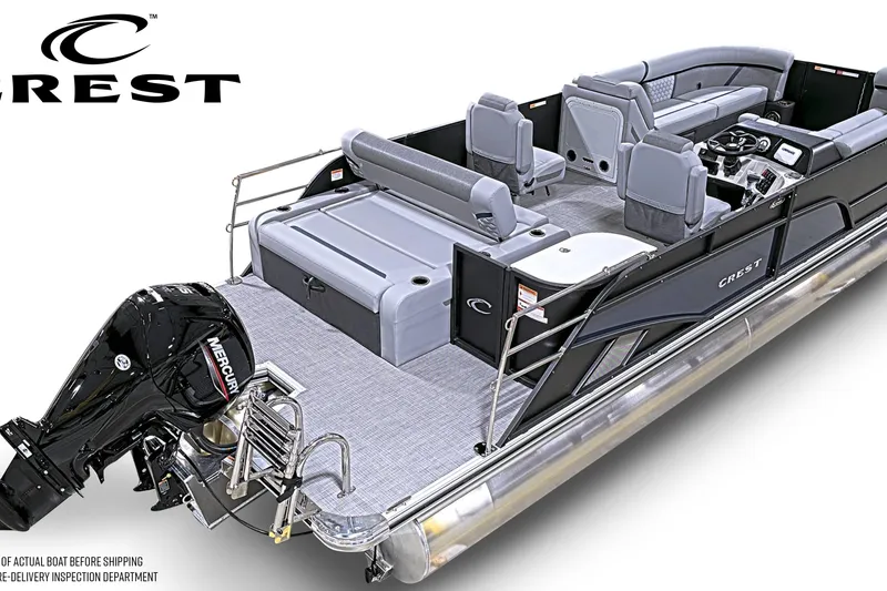 Slide: The Image of 2026 Crest Conquest 230 SLSC pontoon boat with Mercury engine, spacious seating, and modern design. - 5