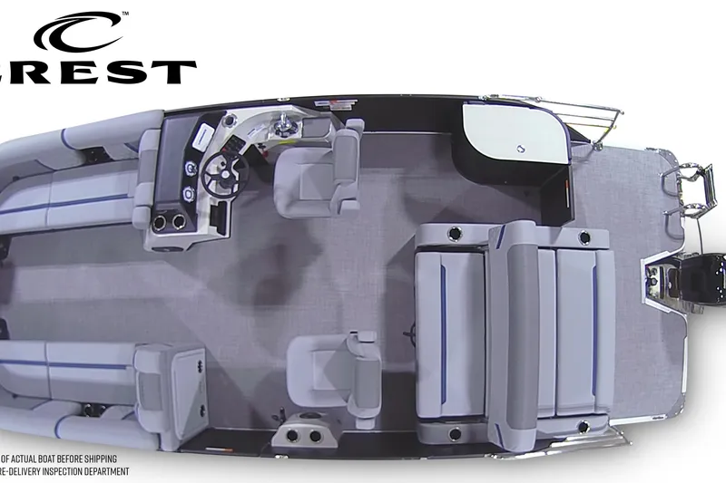 Slide: The Image of Overhead view of 2026 Crest Conquest 230 SLSC pontoon boat interior layout. - 6