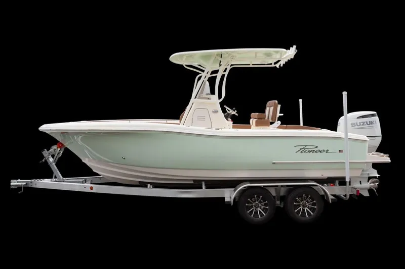 Slide: The Image of 2027 Pioneer 222 Sportfish boat on trailer, side view, with Suzuki engine. - 3