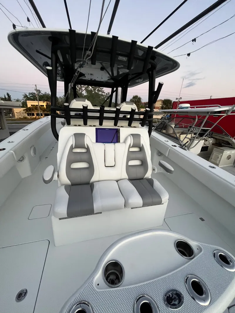 Slide: The Image of Interior of a 2017 Freeman 37VH boat with modern seating. - 11