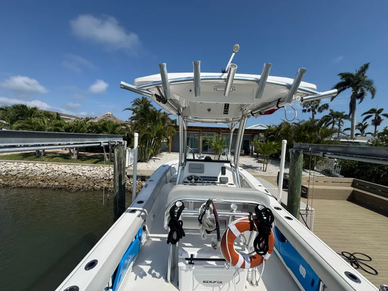 Slide: The Image of Sea Fox 248 Commander 2020 boat docked with palm trees in background. - 14