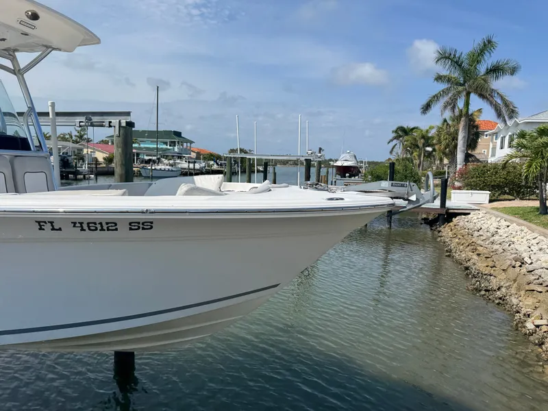 Slide: The Image of 2020 Sea Fox 248 Commander boat docked with palm trees. - 36