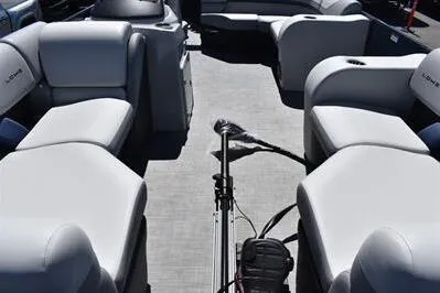 Slide: The Image of 2026 Lowe SF 212 Sport Fish pontoon boat interior with spacious seating and modern design. - 14