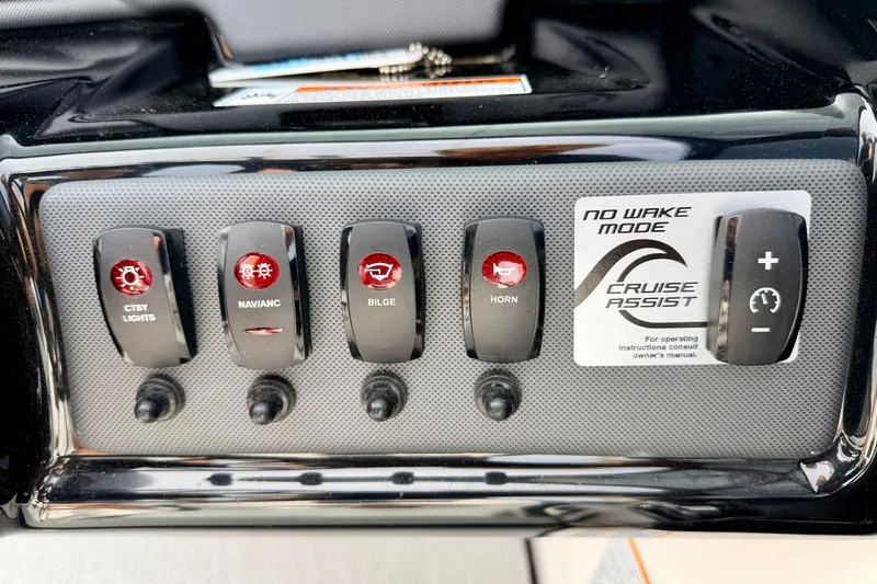 Slide: The Image of Control panel of 2024 Yamaha AR195 boat with various switches and cruise assist feature. - 38