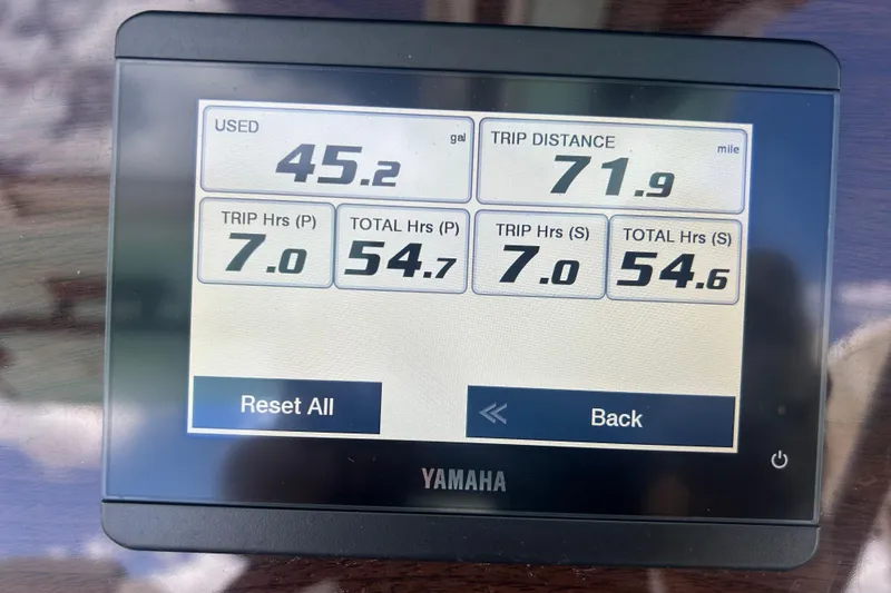 Slide: The Image of Yamaha display showing fuel usage and trip data for 2023 Chaparral 280 OSX boat. - 21