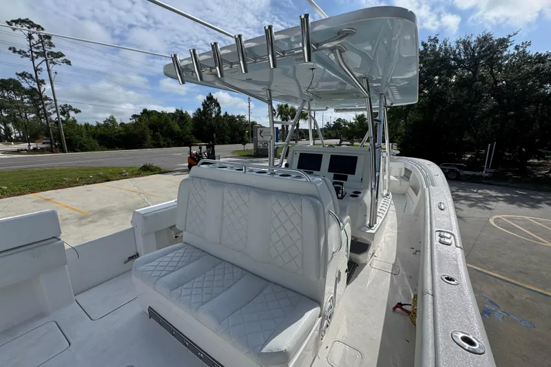 Slide: The Image of 2017 Invincible 39 Open Fisherman boat with white seating and dual consoles. - 28