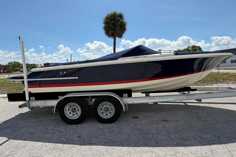 The Image of 2011 Chris-Craft Launch 22 Heritage Edition boat on trailer, sunny day background. - 0