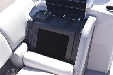Slide: The Image of 2026 Lowe SF 212 Sport Fish boat seat with storage compartment open. - 16