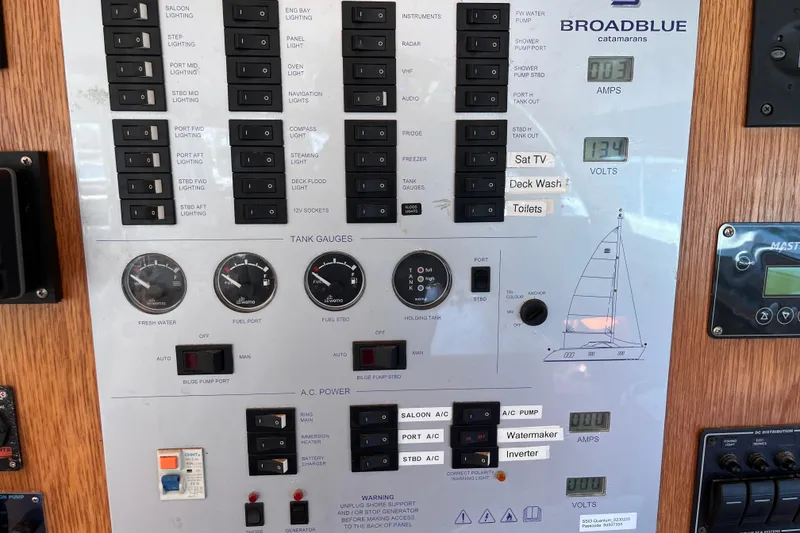Slide: The Image of Control panel of a 2008 Broadblue 415 catamaran with gauges and switches. - 24