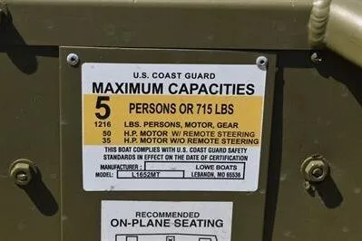 Slide: The Image of U.S. Coast Guard capacity label on 2025 Lowe L1652MT Jon boat, indicating limits. - 15