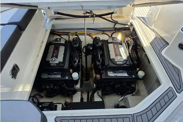 Slide: The Image of Engine compartment of a 2021 Monterey 335 Sport Yacht with dual 300 horsepower engines. - 43