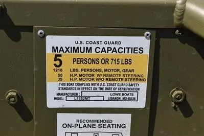 Slide: The Image of U.S. Coast Guard capacity label on 2025 Lowe L1652MT Jon boat, 5 persons or 715 lbs. - 16