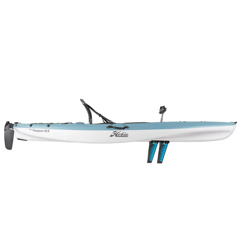 Slide: The Image of 2023 Hobie Passport 10.5 kayak, side view, white and blue. - 9