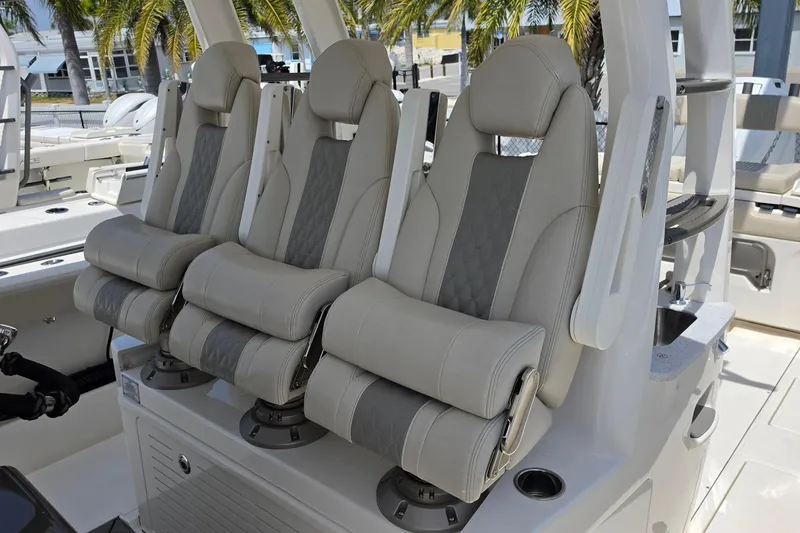 Slide: The Image of Luxury seating on 2025 Solace 37CS boat, featuring ergonomic design and premium materials. - 18