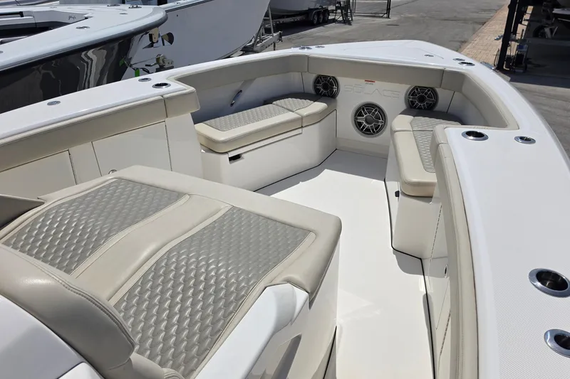 Slide: The Image of Luxurious seating area on 2025 Solace 37CS boat, featuring premium upholstery and built-in speakers. - 20