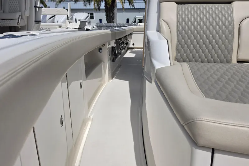 Slide: The Image of Luxurious interior of 2025 Solace 37CS boat with plush seating and sleek design. - 32