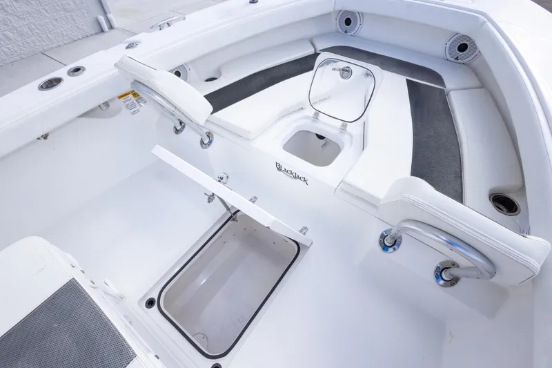 Slide: The Image of 2022 BlackJack 256 Coastal boat interior with storage compartments and seating. - 36