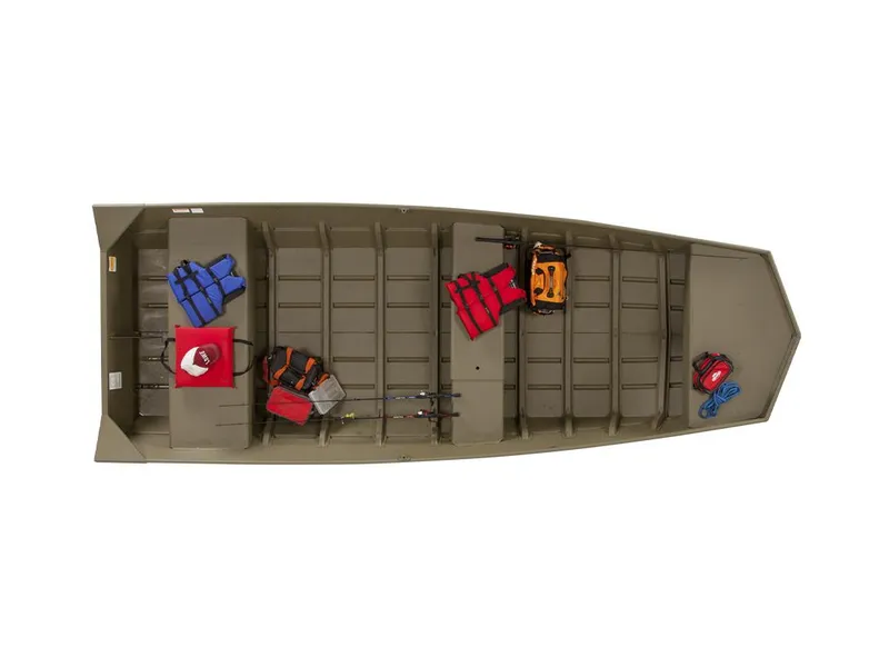 Slide: The Image of Manufacturer Provided Image: 2025 Lowe Jon L1648M boat with life jackets and gear, top view. - 15