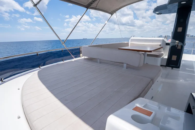 Slide: The Image of Luxurious 2025 Sirena 58 yacht deck with seating, ocean view, and clear skies. - 11