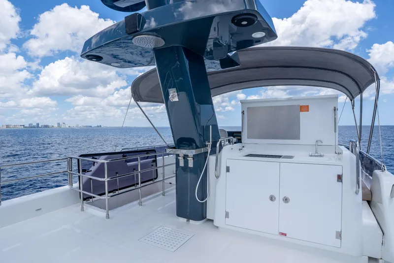 Slide: The Image of Luxury Sirena 58 yacht deck with modern amenities, ocean view, and clear blue sky, 2025 model. - 14