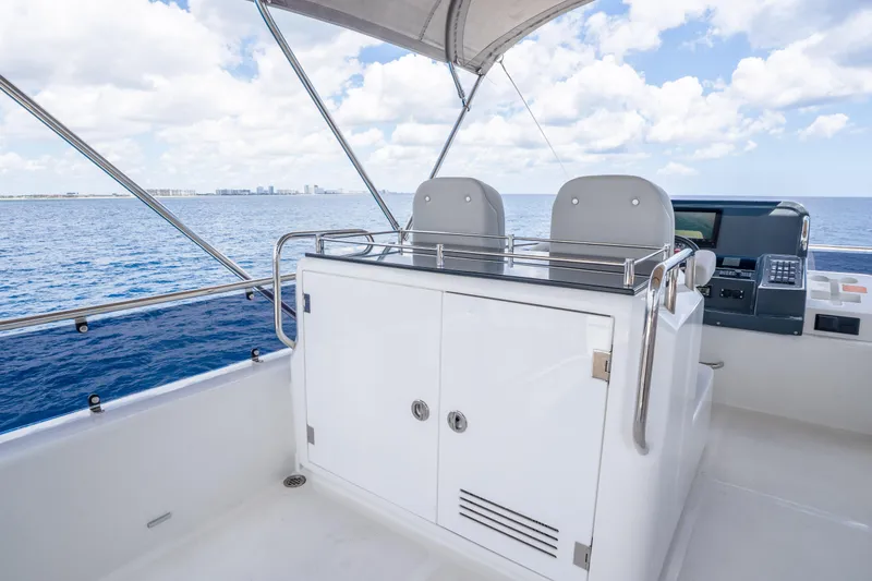 Slide: The Image of Flybridge of 2025 Sirena 58 yacht with dual helm seats and ocean view. - 17