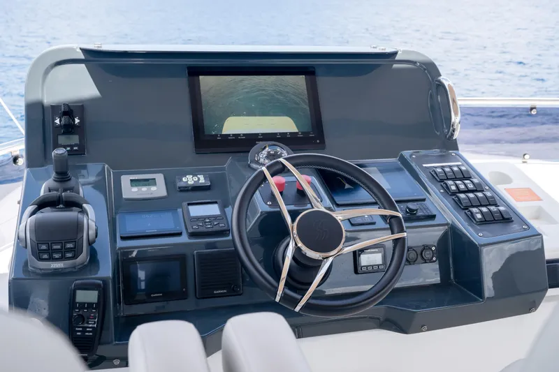 Slide: The Image of Cockpit of 2025 Sirena 58 yacht with advanced navigation controls and steering wheel. - 20