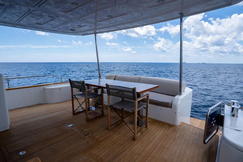 Slide: The Image of Luxury Sirena 58 yacht deck with seating, ocean view, and clear skies, 2025 model. - 26
