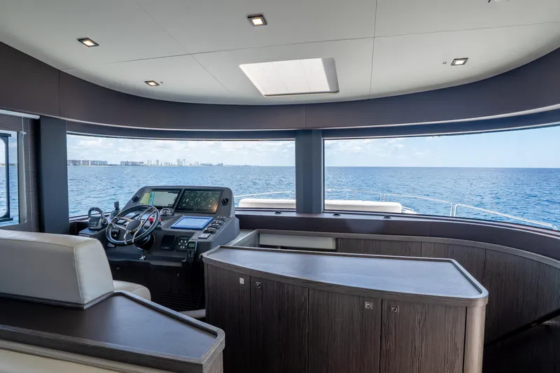 Slide: The Image of Luxurious 2025 Sirena 58 yacht helm with panoramic ocean view and modern navigation equipment. - 49