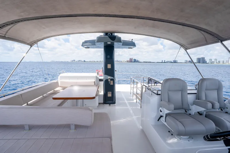 Slide: The Image of Luxurious 2025 Sirena 58 yacht deck with seating, ocean view, and city skyline in the background. - 8