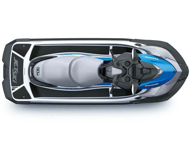 Slide: The Image of 2026 Kawasaki Jet Ski STX 160X, top view, blue and gray design. - 5