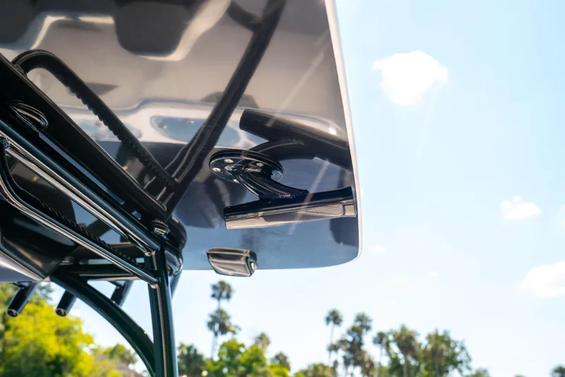 Slide: The Image of Close-up of 2025 Front Runner 43 Catamaran's sleek roof design against a clear sky. - 4
