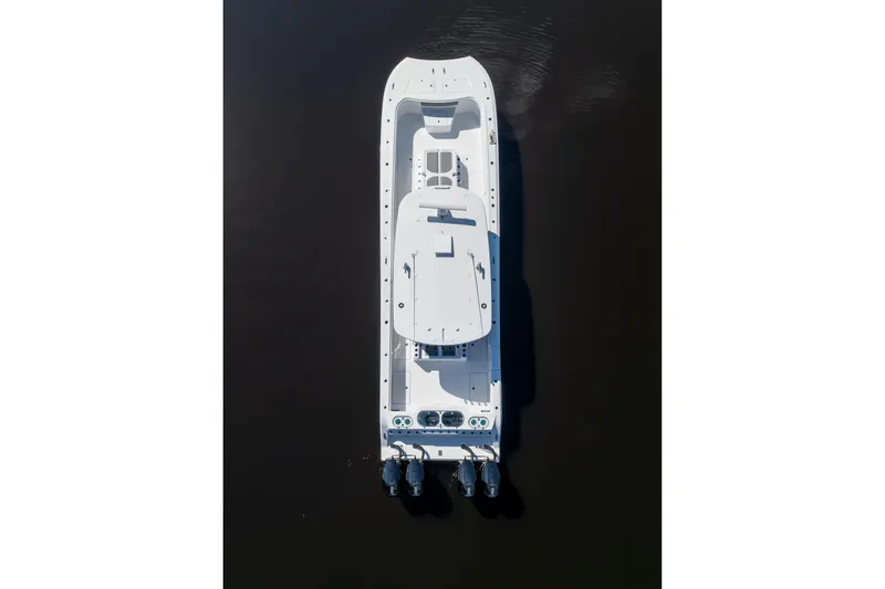 Slide: The Image of Aerial view of 2025 Front Runner 43 Catamaran on calm water. - 80