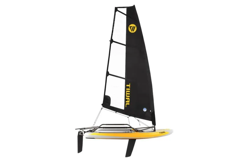 Slide: The Image of 2022 Tiwal 3 Sailboat with black sail and yellow hull. - 1