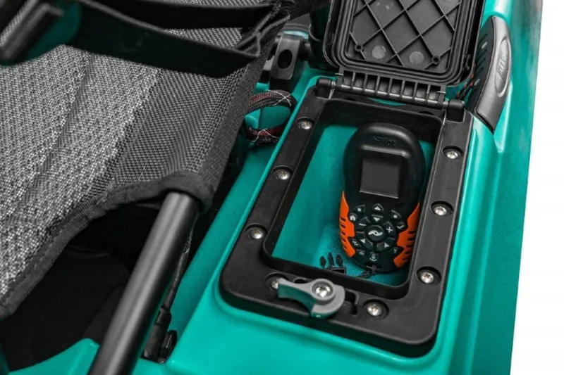 Slide: The Image of Old Town Sportsman Autopilot 120 kayak storage compartment with remote control, 2023 model. - 13