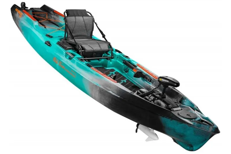 Slide: The Image of 2023 Old Town Sportsman Autopilot 136 kayak in teal and black. - 2