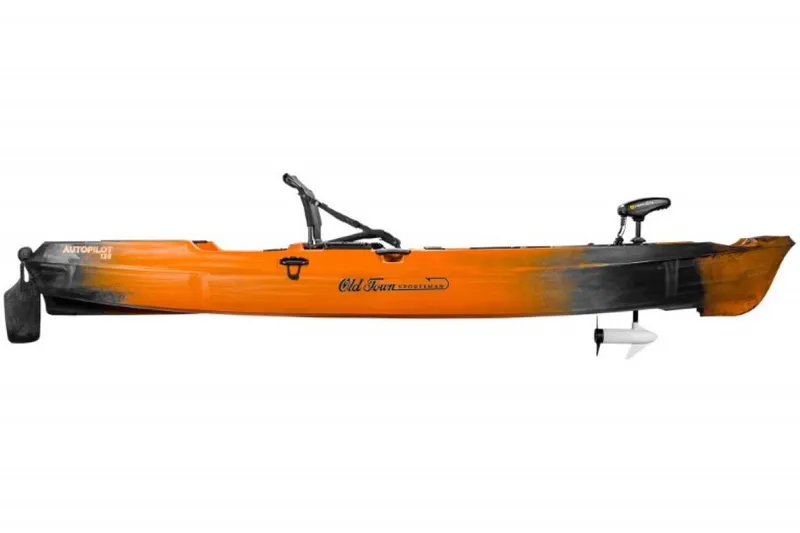 Slide: The Image of 2023 Old Town Sportsman Autopilot 136 kayak, orange and black, side view. - 7