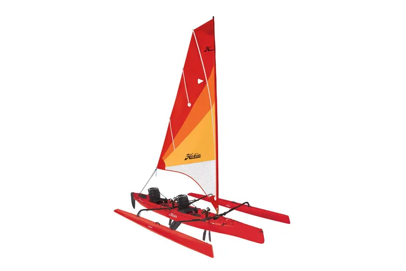 Slide: The Image of Red 2026 Hobie Mirage Tandem Island sailboat with orange sail. - 2