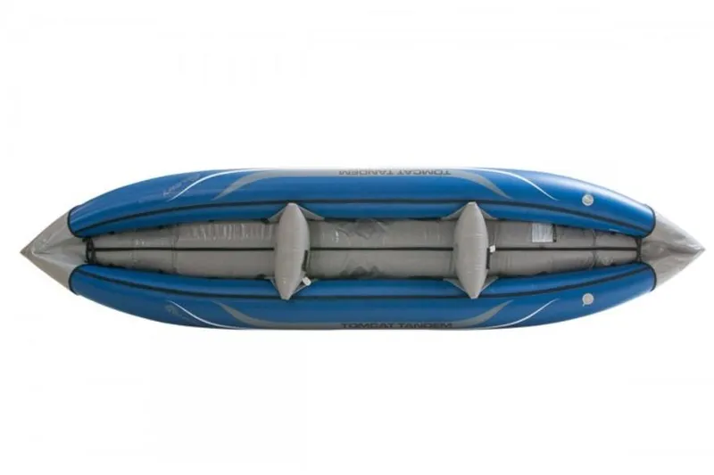 Slide: The Image of TomCat Tandem 2022 inflatable kayak, blue and gray, top view. - 2