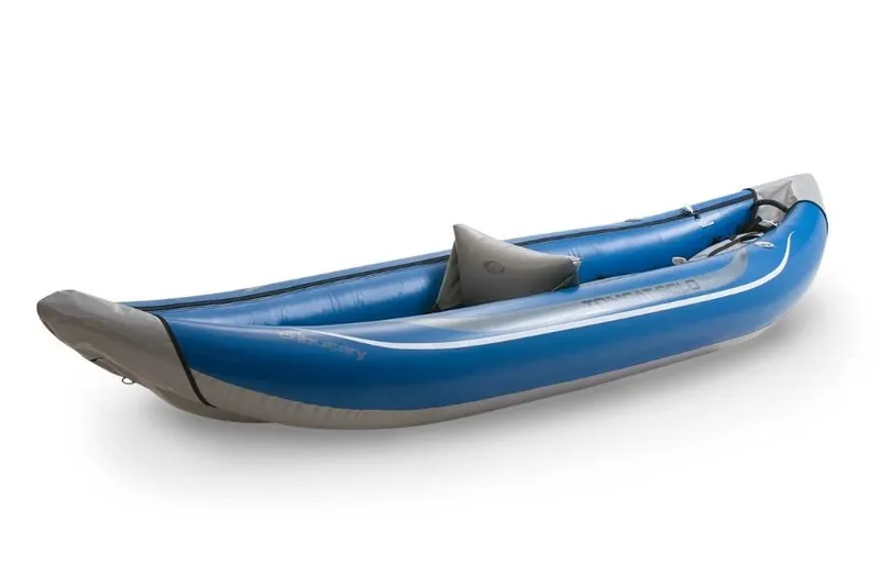 The Image of 2022 TomCat Solo inflatable kayak, blue and gray, side view. - 1