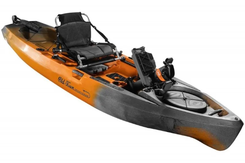 Slide: The Image of 2023 Old Town Sportsman PDL 120 kayak, orange and gray, with adjustable seat and storage compartments. - 1