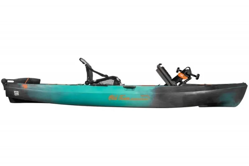 Slide: The Image of 2023 Old Town Sportsman PDL 120 kayak, side view, teal and black color. - 2