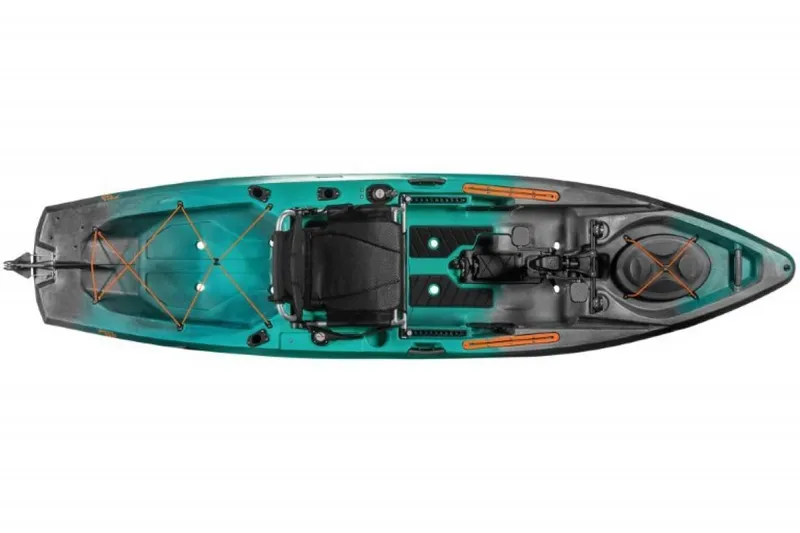 Slide: The Image of Top view of 2023 Old Town Sportsman PDL 120 kayak in teal and black. - 3
