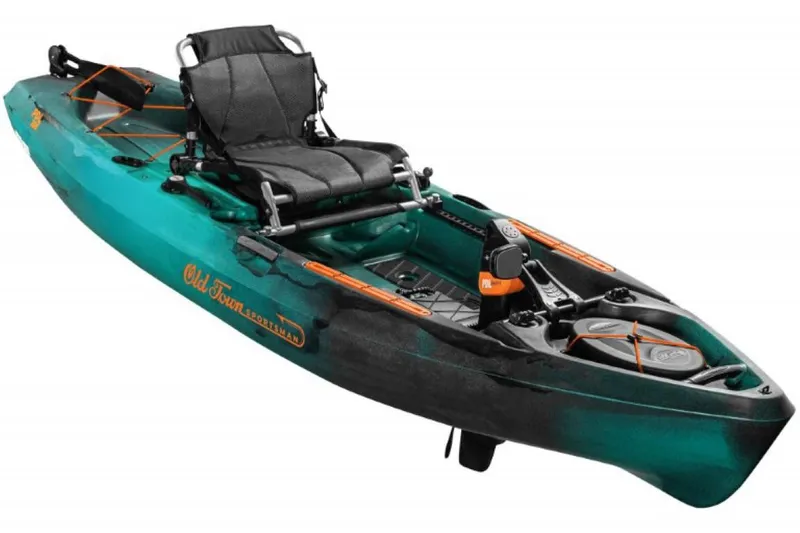 Slide: The Image of 2023 Old Town Sportsman PDL 106 kayak, teal and black, with adjustable seat and pedal drive system. - 1