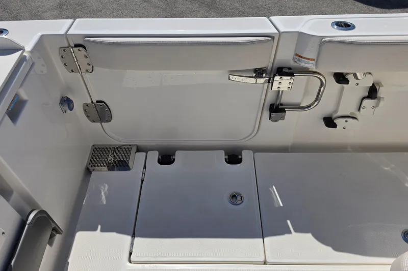 Slide: The Image of Interior view of a 2026 Solace 30CS boat, showcasing sleek design and hardware. - 25