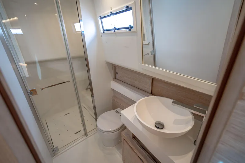 Slide: The Image of Modern bathroom interior on 2023 Pardo 50 yacht, featuring sleek shower and elegant sink design. - 105