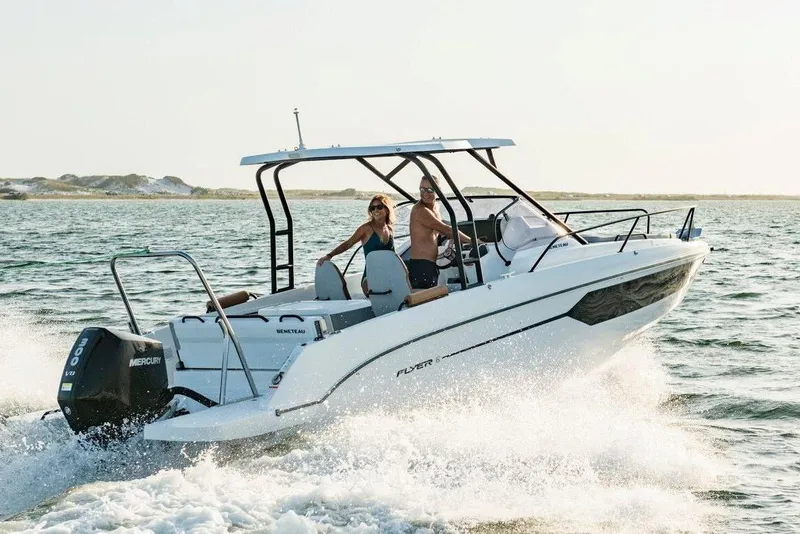 Slide: The Image of 2026 Beneteau Flyer 8 SUNdeck boat cruising on water. - 1