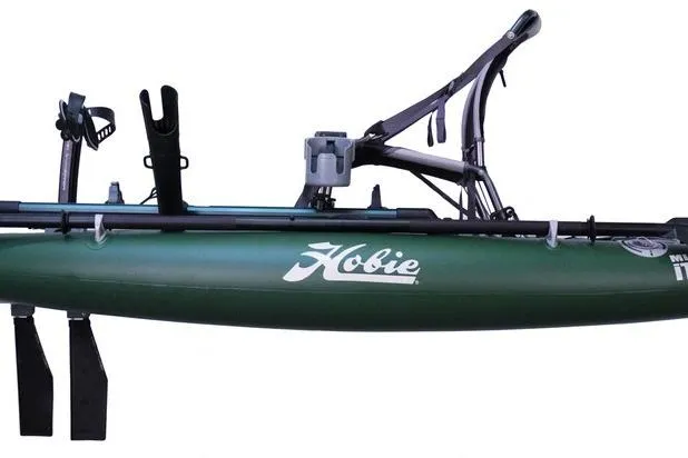 The Image of Inflatable kayak, White River iTrek Angler 10, 2026 model, green with fishing accessories. - 1